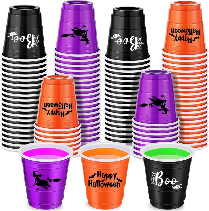 Booson 120Pcs Halloween Shot Glasses 2oz Mini Disposable Shot Cups Black Purple Orange Plastic Happy Halloween Party Cups for Trick or Treat Halloween Party Supplies (Halloween) - Image 1